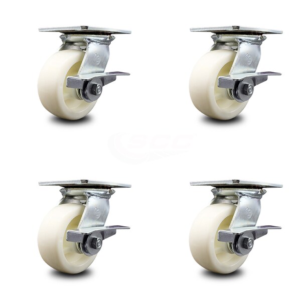 5 Inch Heavy Duty Nylon Caster Set with Ball Bearings and Brakes